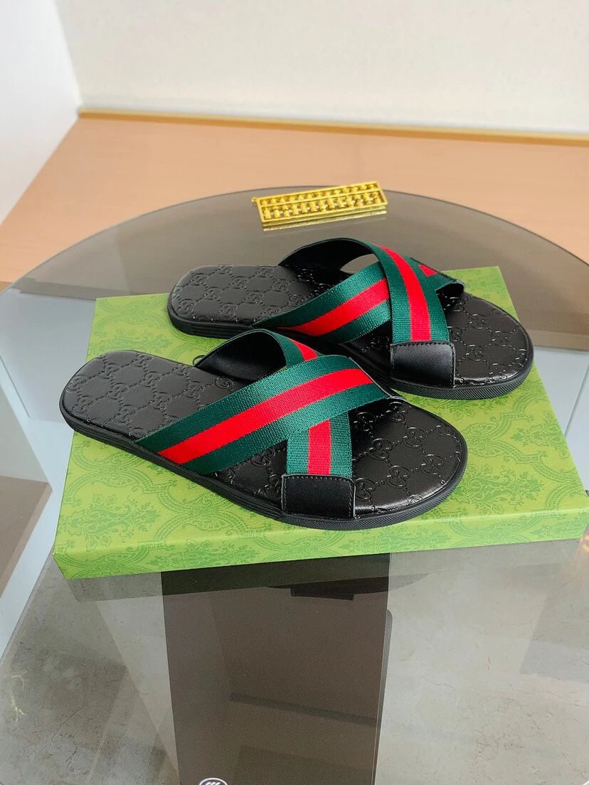 Gucci Vintage Classic Red and Green Web Stripe Slide Sandals