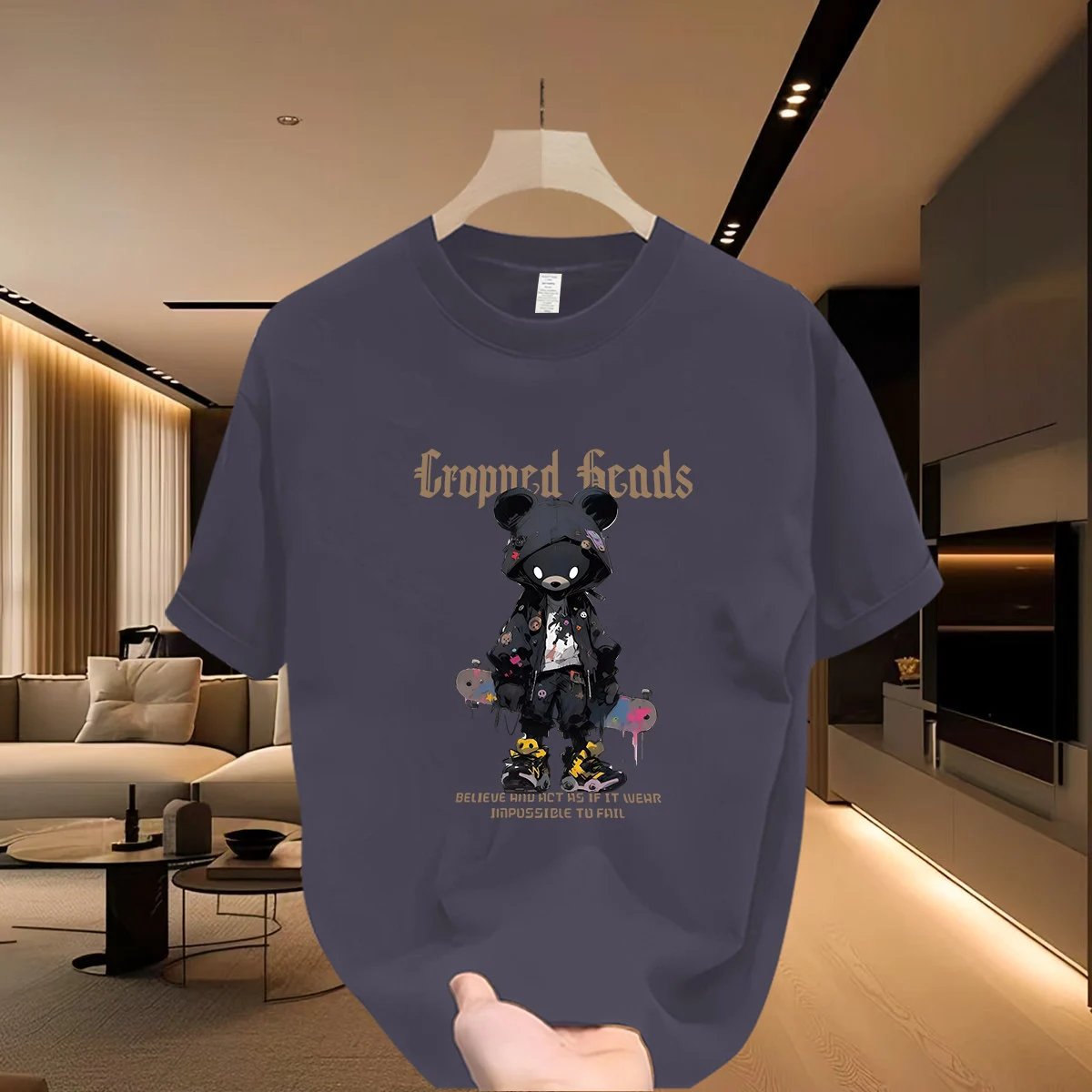 Streetwear Brand Dark Grey Street-style Short Sleeve T-shirt with Bear Print