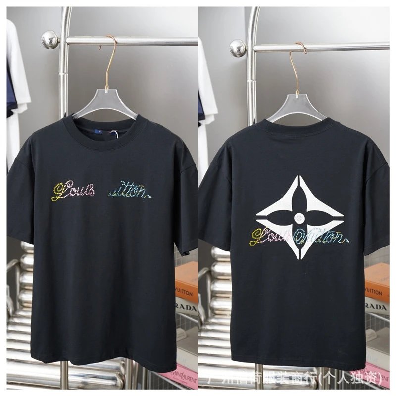 Louis Vuitton Trendy Style Black T-shirt with Hot-fix Rhinestones