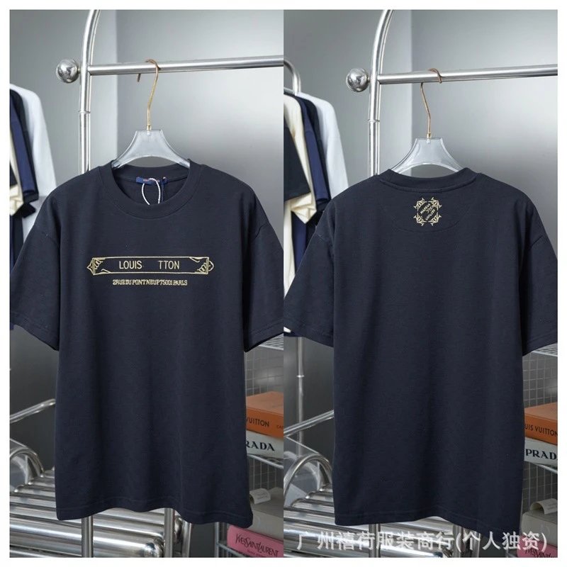 Louis Vuitton Embroidered Trendy Style Black T-Shirt
