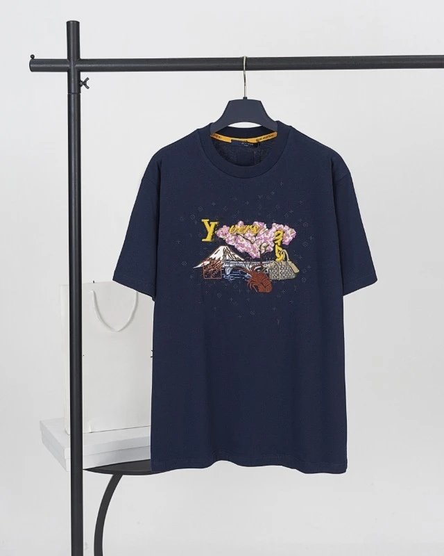 Louis Vuitton Embroidered Trendy Luxury Navy Blue Short-sleeve T-shirt