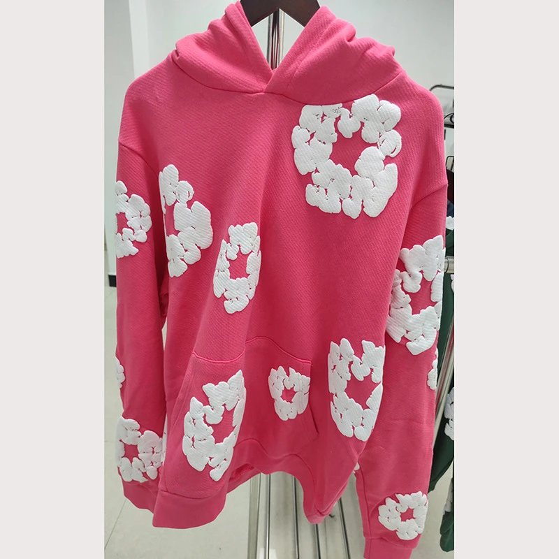 Hot Pink Flower Print Pullover Hoodie