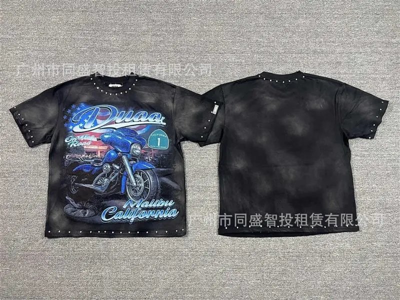 DUAA Motorcycle Print Vintage Style Black T-Shirt