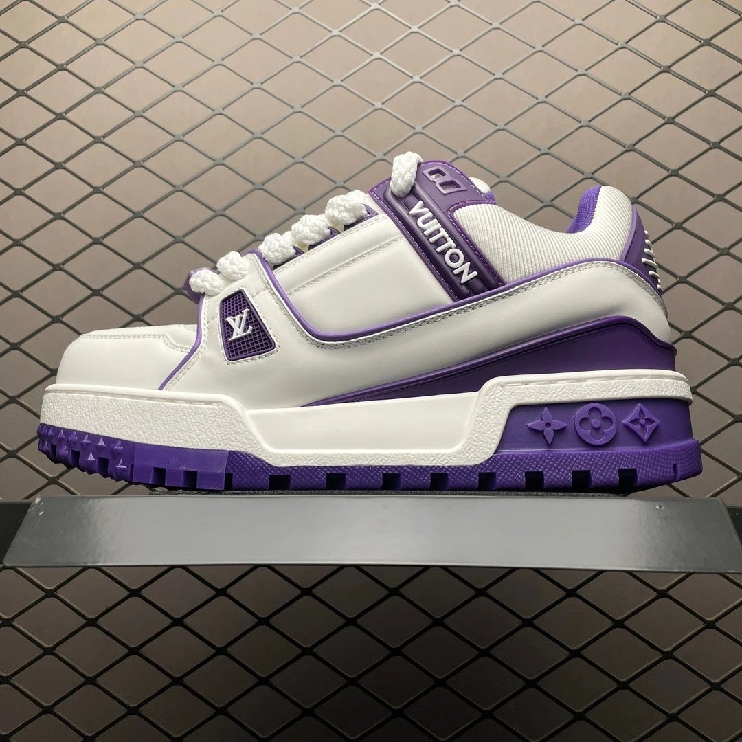 Louis Vuitton White and Purple Panelled Trainers and Logo Tongue