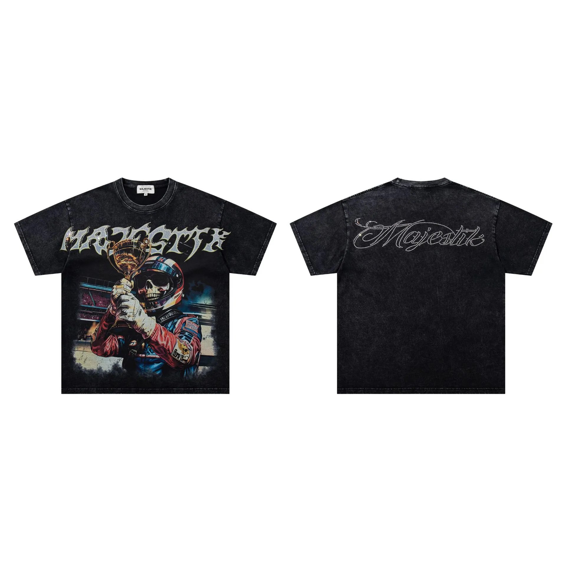 MAJESTIK Skull Racing American Vintage Black T-Shirt