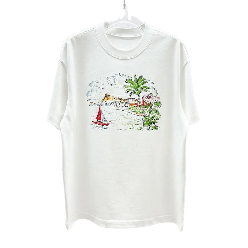 AW Hand-painted Seaside Vacation Style White Short-sleeve T-Shirt