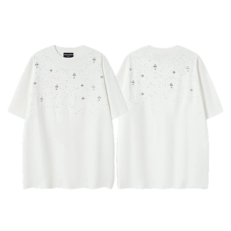 Chrome Hearts Cross Hot-Fix Rhinestone Street Style White T-Shirt