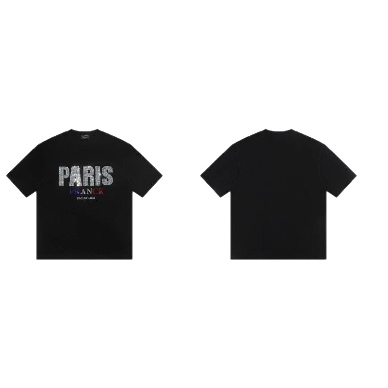 Balenciaga PARIS Rhinestone-Embellished Streetwear Black T-Shirt