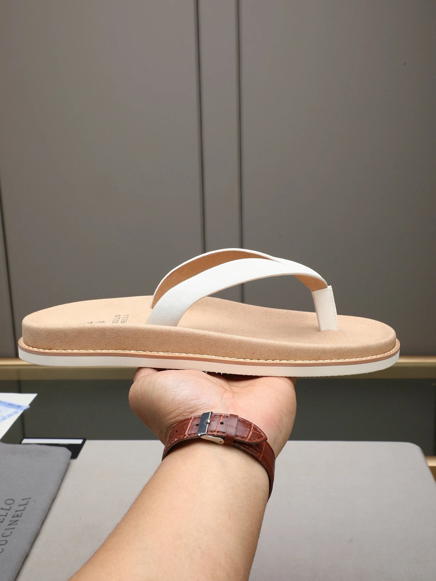 Brunello Cucinelli Casual White and Brown Flip-Flops
