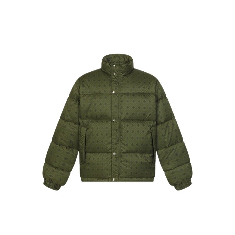 Vintage-style down jacket with Chrome Hearts print