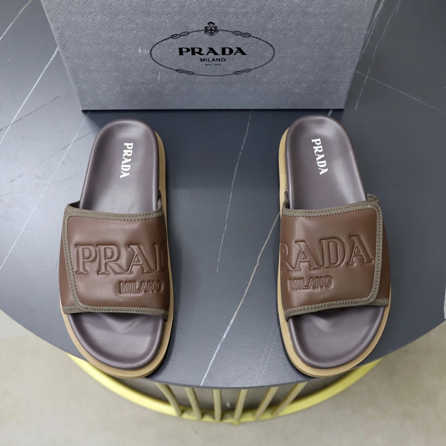 Prada Embossed Collection Casual Style Brown Slide Sandals
