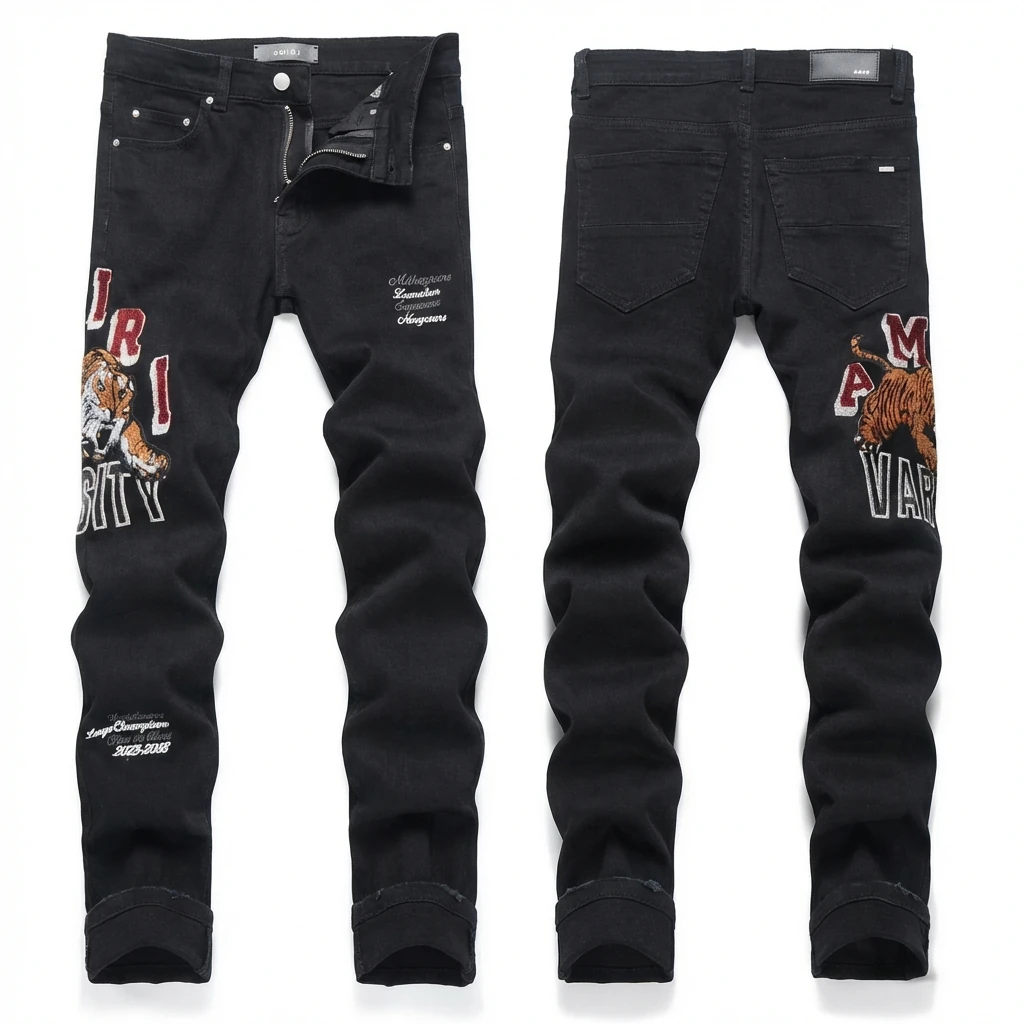 AMIRI Tiger Embroidery Trendy and Cool Style Black Pants