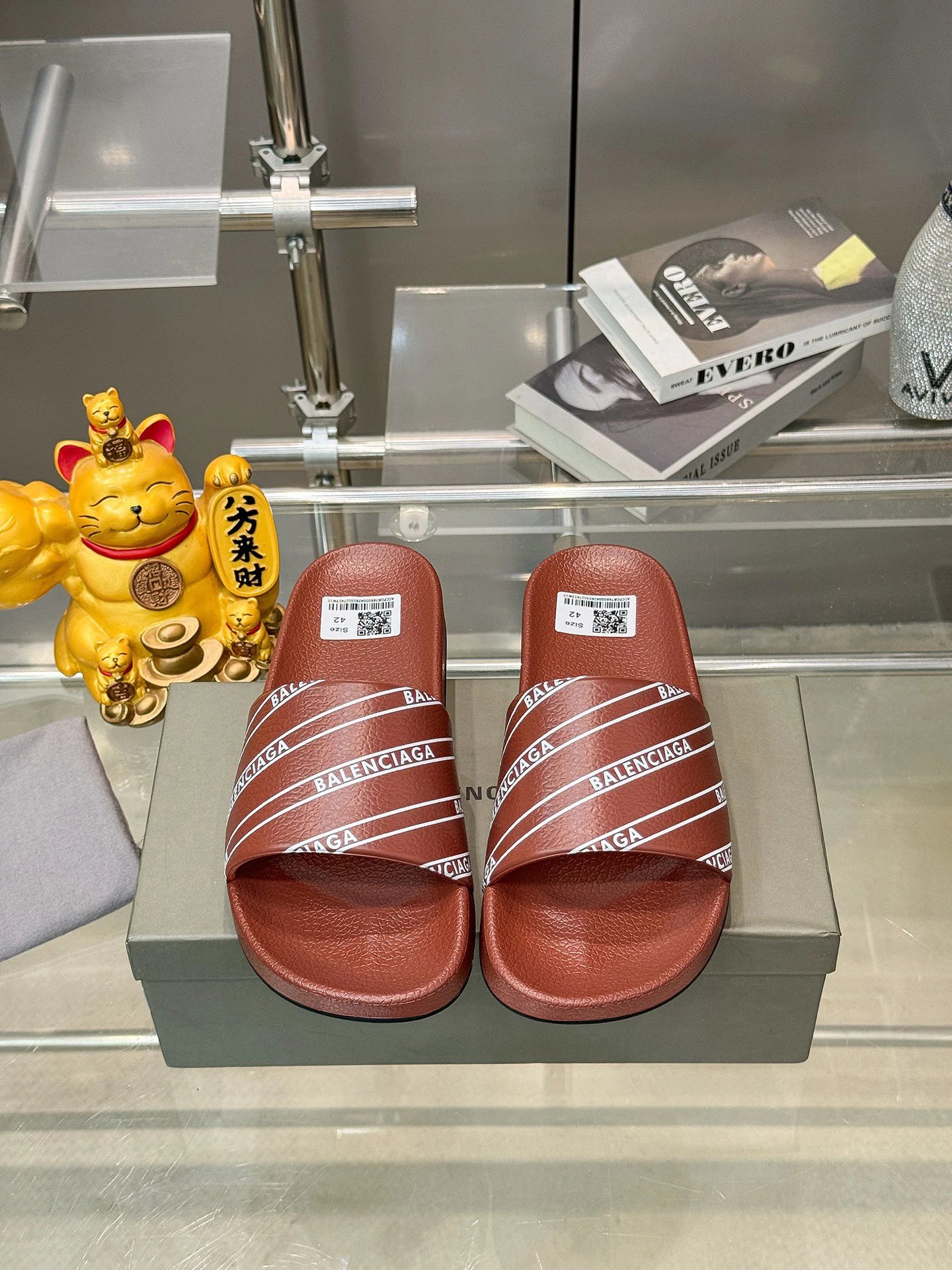 Balenciaga Letter Print Trendy Red-Brown Slide Slippers