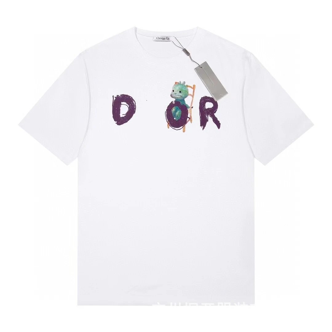 Dior Dinosaur Graffiti Cool Trendy White Short-sleeve T-shirt
