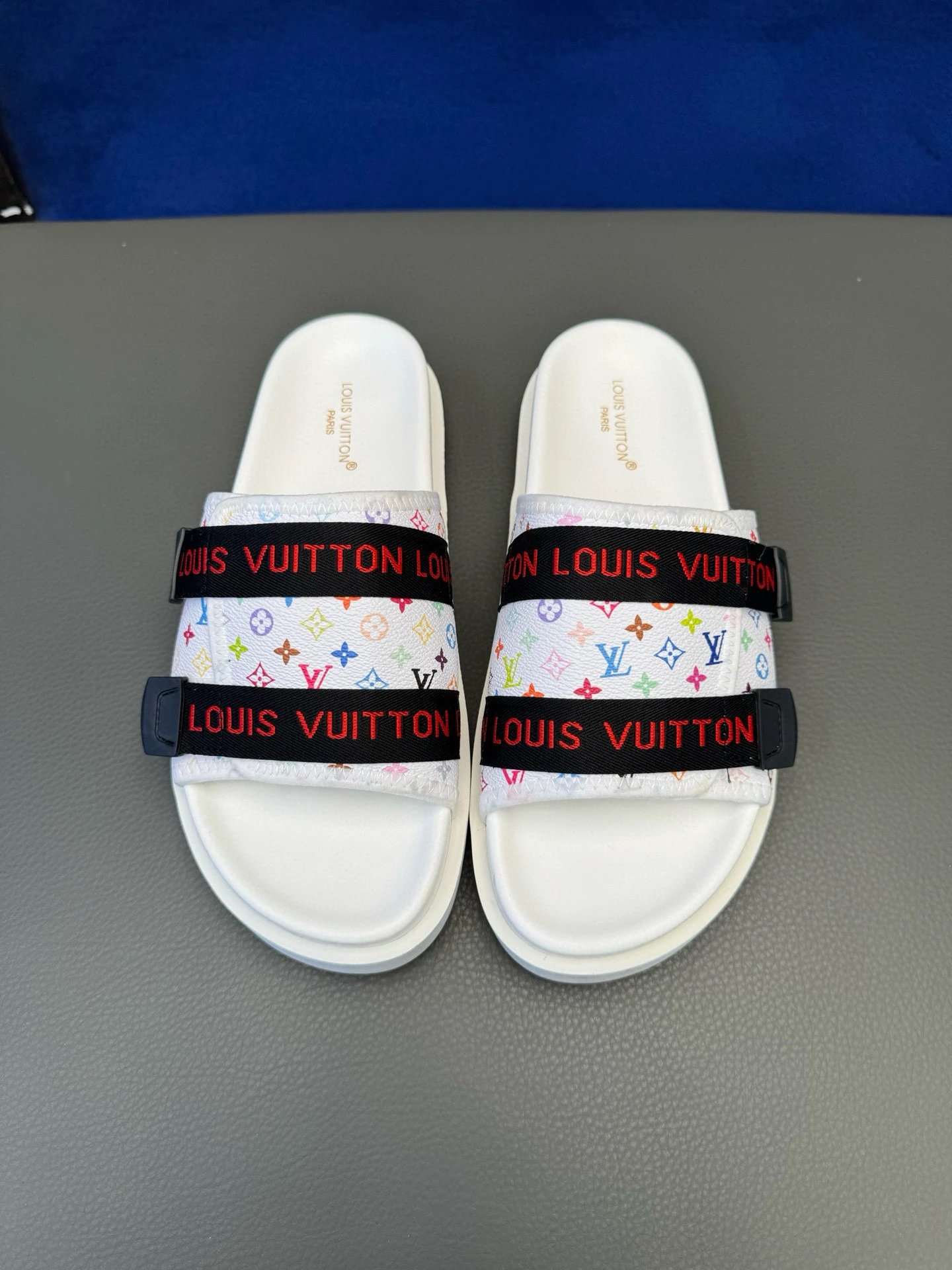 Louis Vuitton Multicolore Monogram Trendy White Slide Sandals
