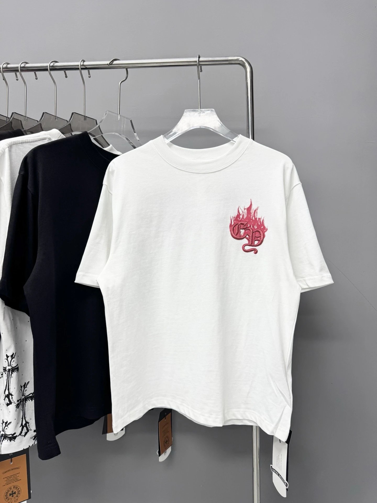 Chrome Hearts Flame-Embroidered Street Style White Short-sleeve T-shirt