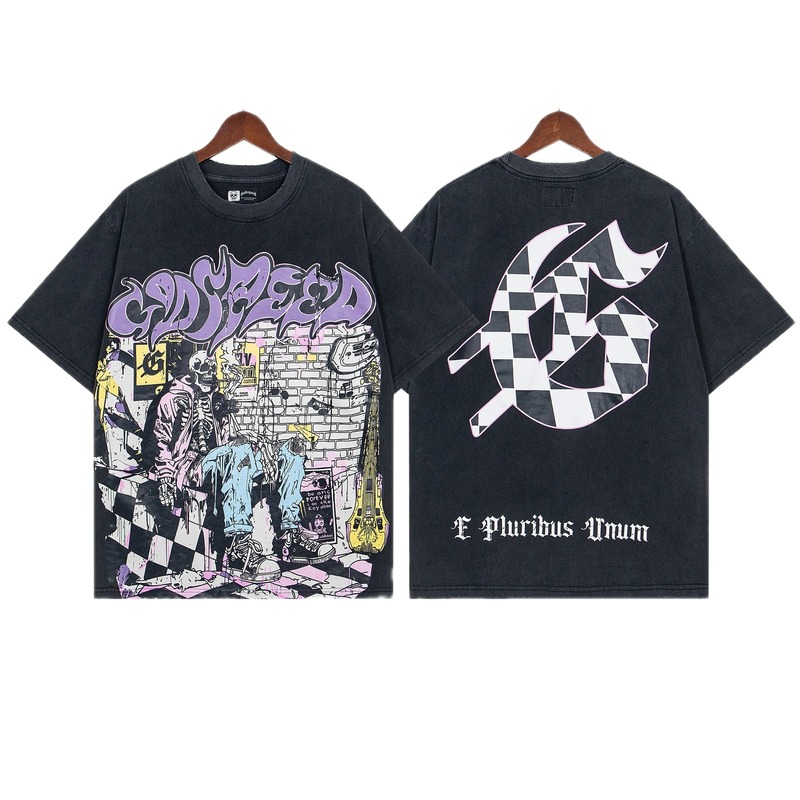 Godspeed Skull Graffiti Street Style Charcoal Black T-shirt