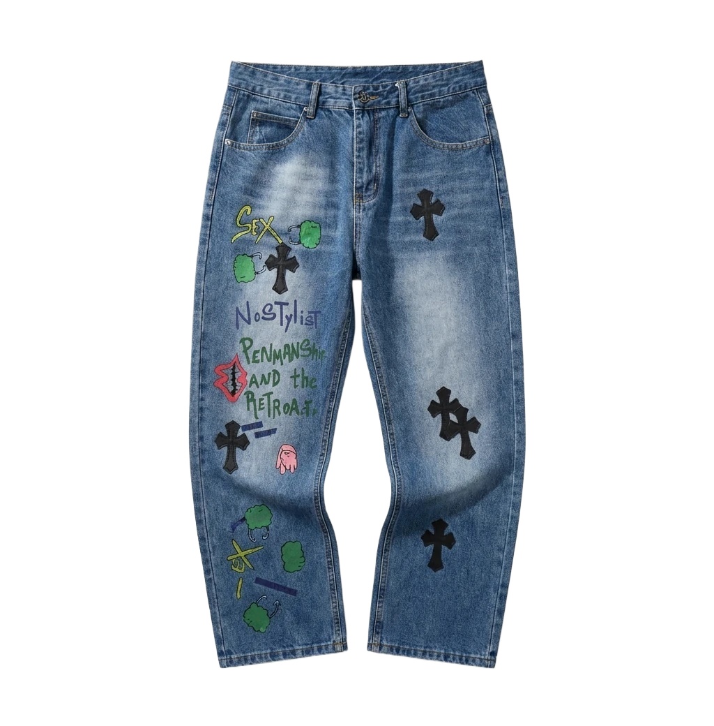 Chrome Hearts graffiti-style blue jeans