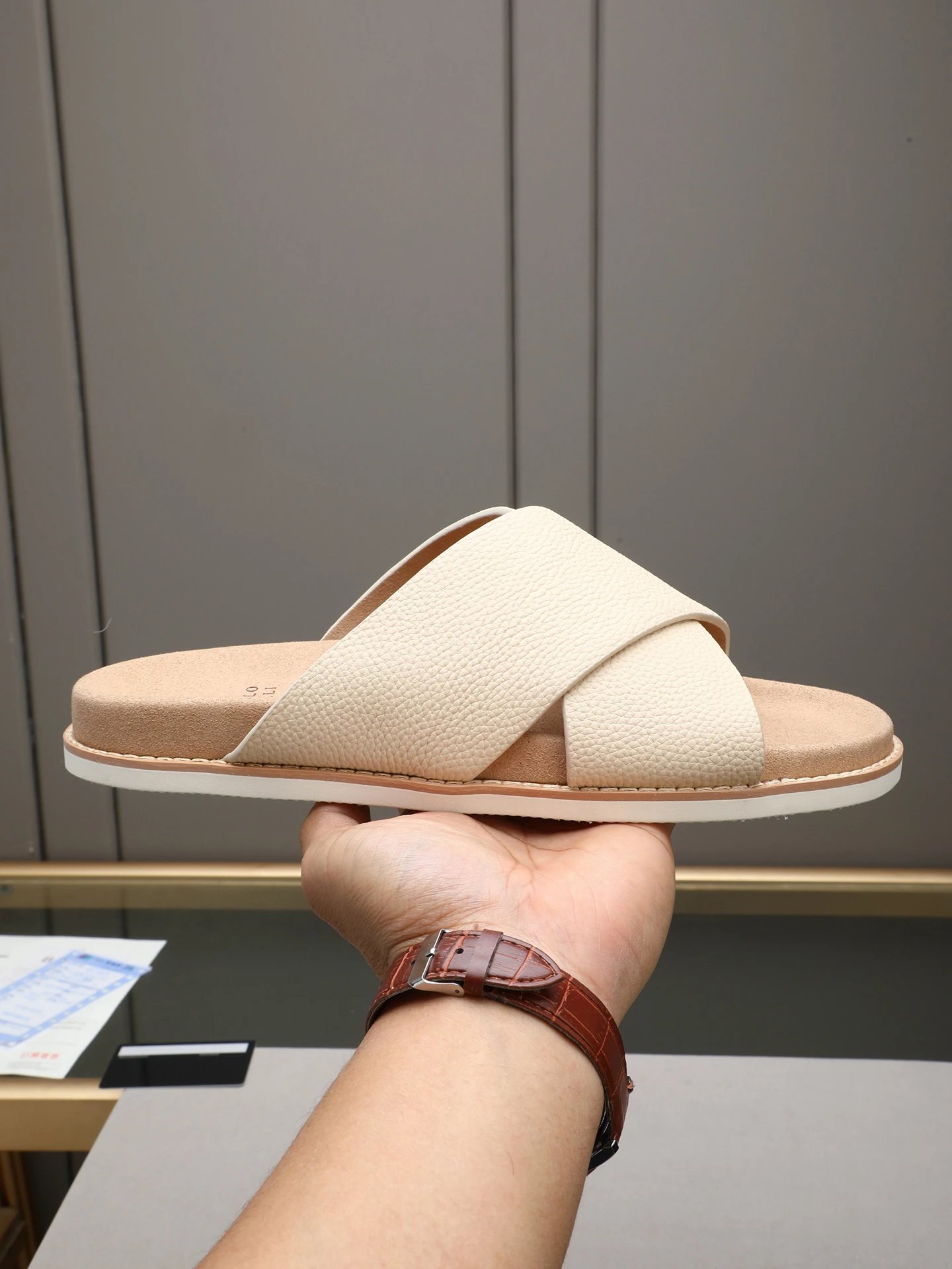 Brunello Cucinelli Casual Style Off-white Genuine Leather Cross-strap Slide Sandals