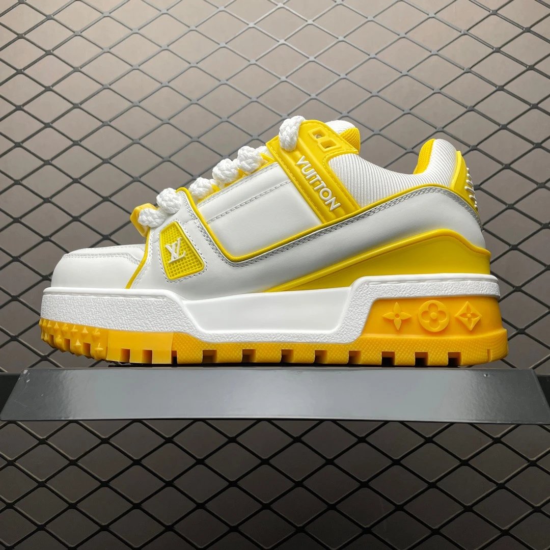 Louis Vuitton White and Yellow Panelled Trainers Featuring Monogram Detail