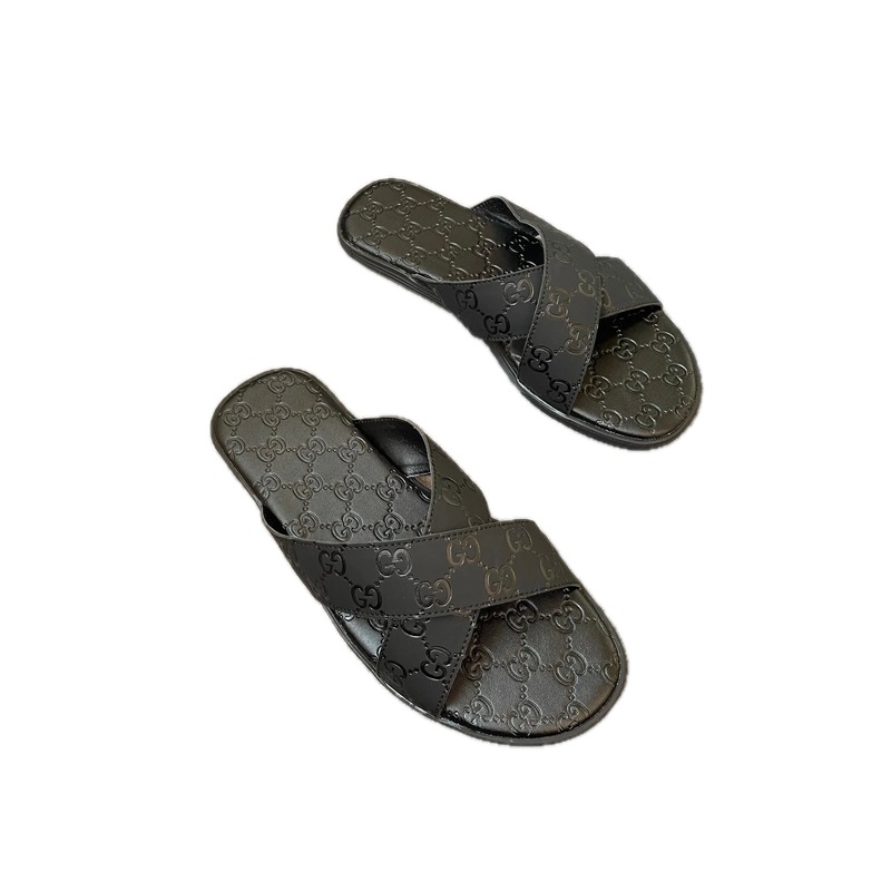 Gucci Double G Embossed Light Luxury Style Black Slide Sandals