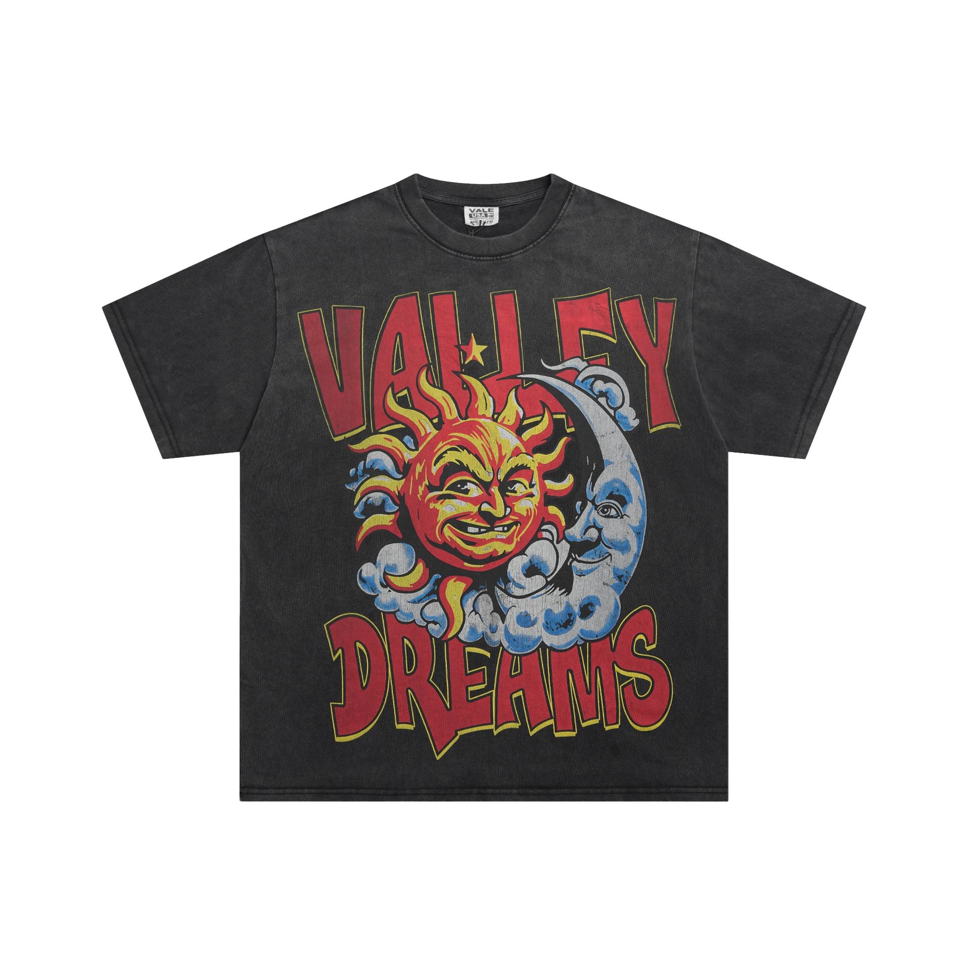 Valley Sun & Moon Print Vintage Black T-Shirt