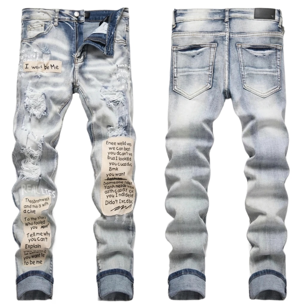 AMIRI light blue jeans with a hole - in - the - wind style