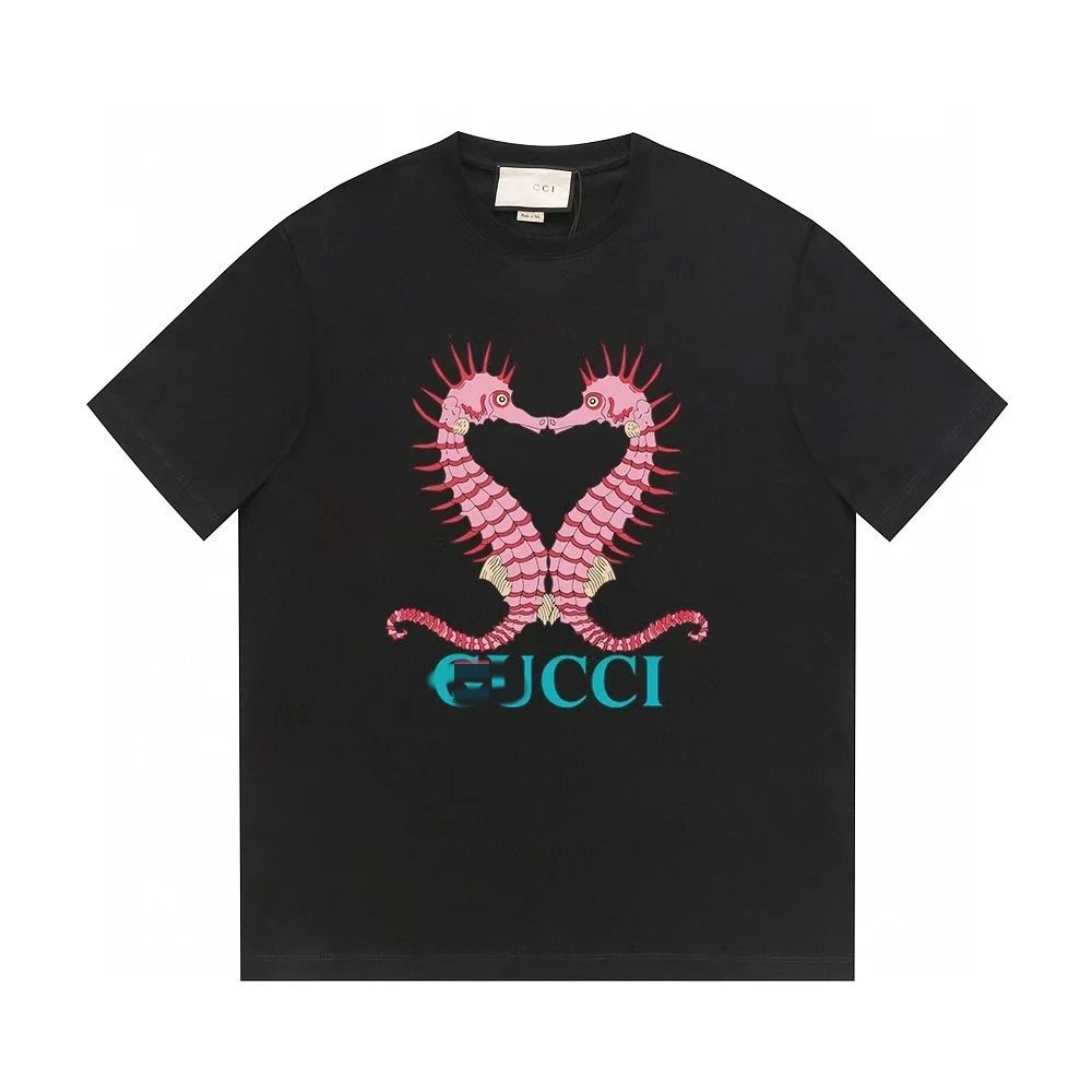 Gucci Double Seahorse Print Trendy Style Black T-Shirt