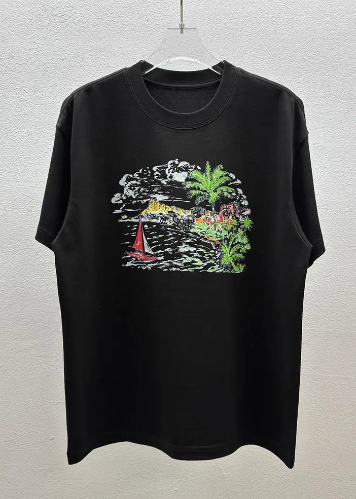 AW Seaside Print Vacation Style Black Short Sleeve T-Shirt