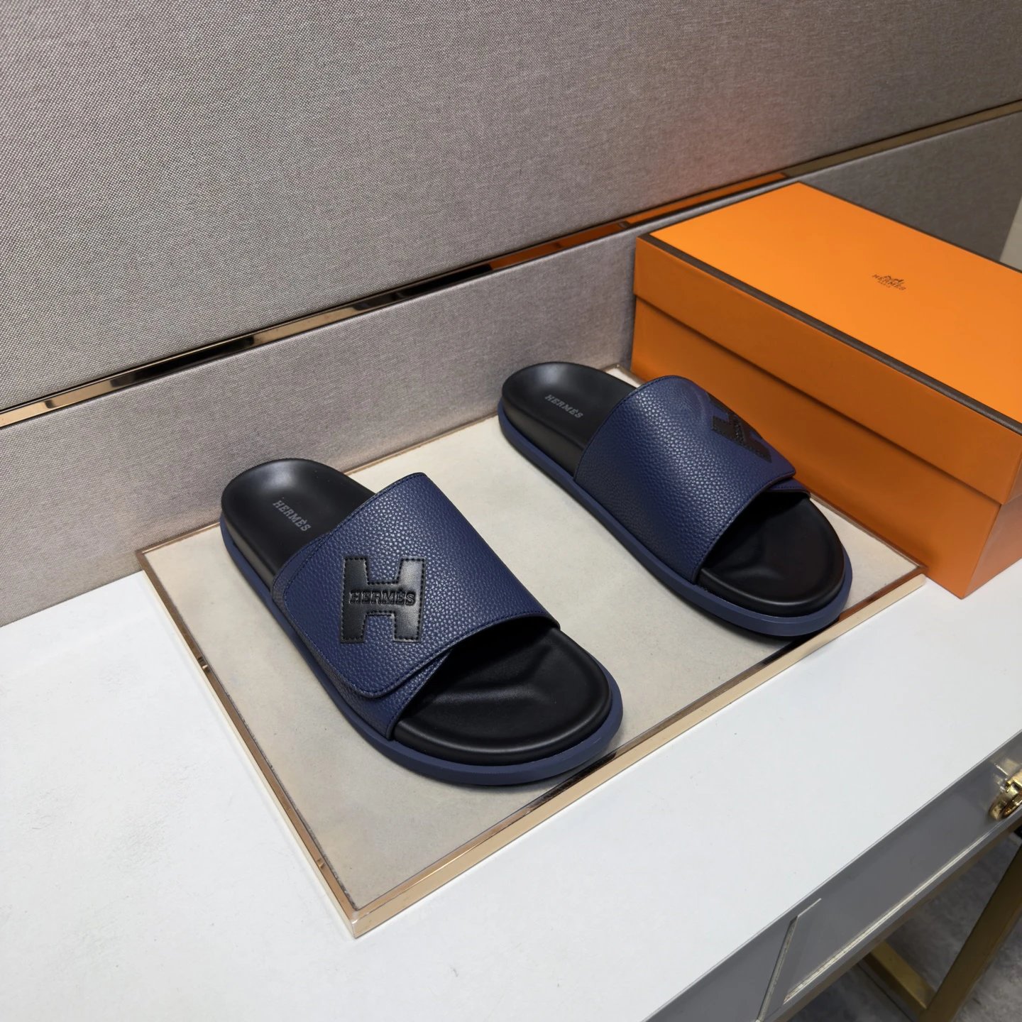Hermès H Series Light Luxury Style Dark Blue Slides