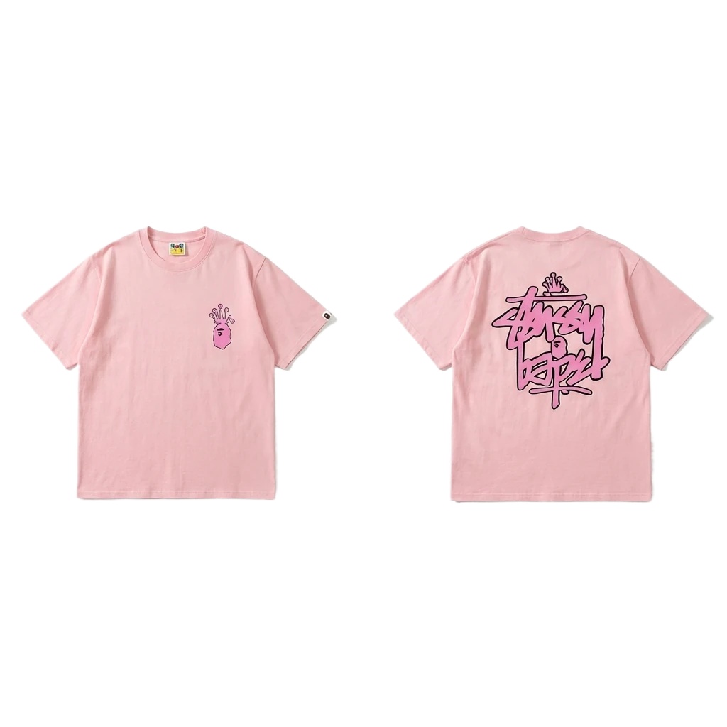 Bape Crown Print Trendy Cool Pink T-shirt