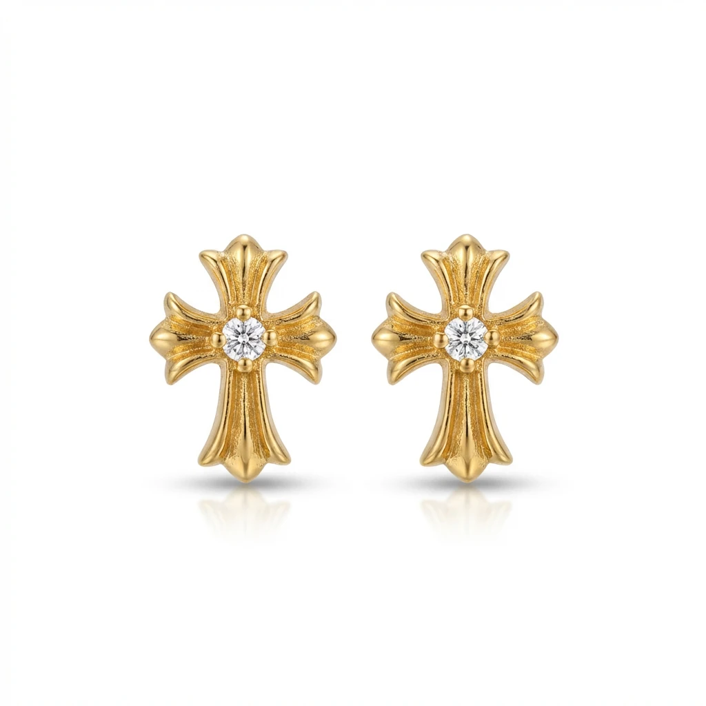 Chrome Hearts Gold Cross Flower Stud Earrings