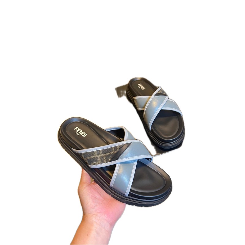 Fendi FF Monogram Casual Style Light Grey Slide Sandals