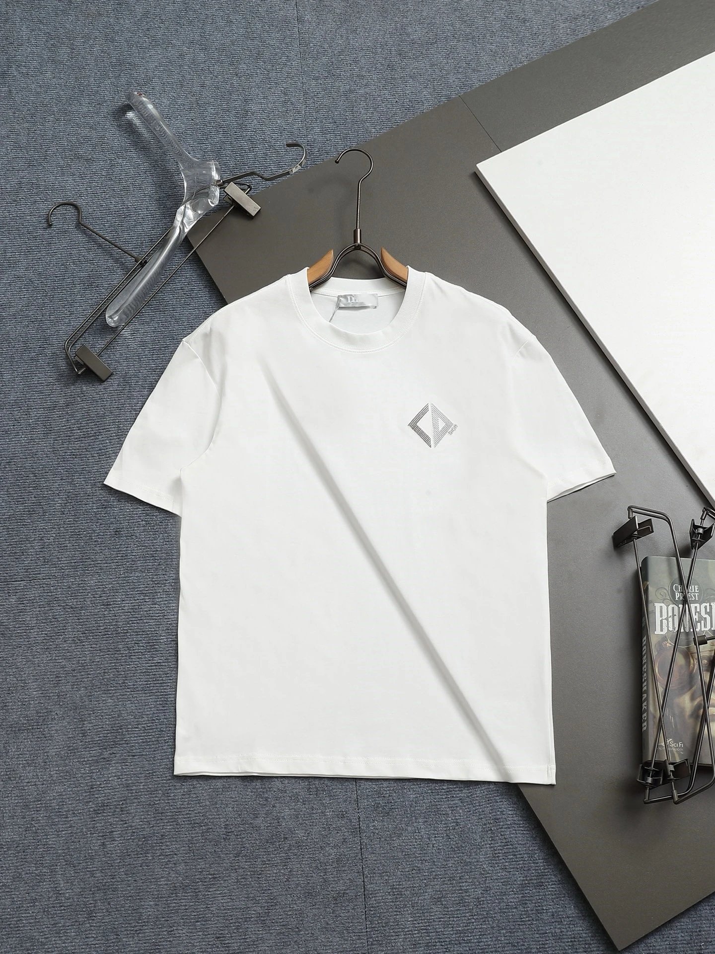 Dior Diamond Check Embroidered Minimalist Style White Short-Sleeve T-Shirt