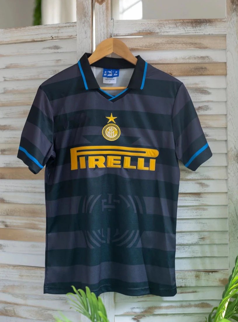 Inter Milan Urban Brehme #3 soccer jersey Blue Black Striped with Statement Pattern