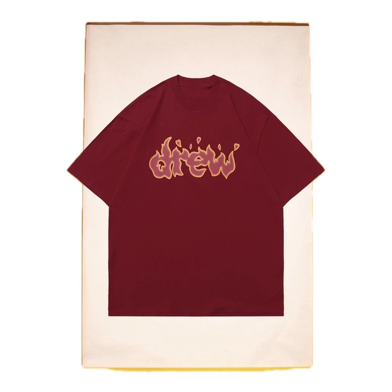 DREW Flame Heart Street Style Burgundy Short Sleeve T-Shirt