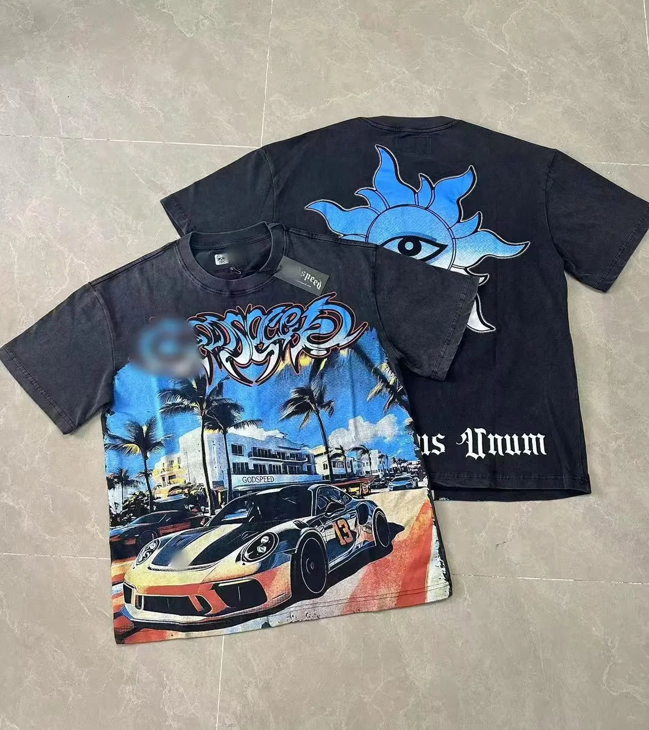 GODSPEED Racing Print Street Style Black Short Sleeve T-shirt