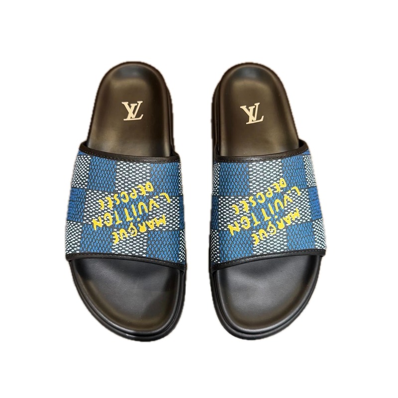 Louis Vuitton Checkerboard Graffiti Style Blue and Black Slides