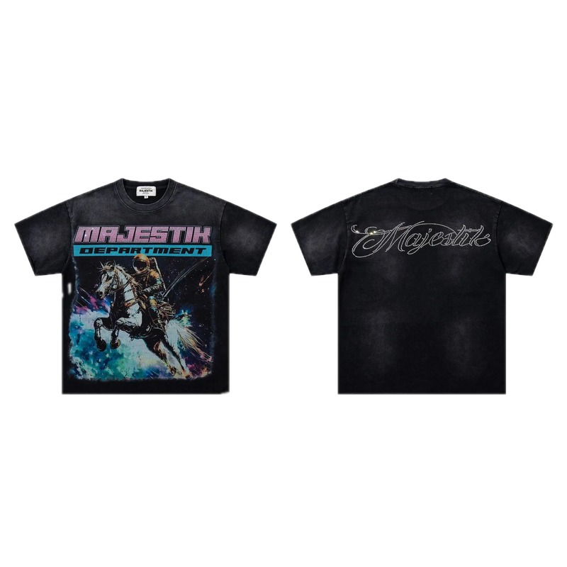 MAJESTIK Space Print Vintage Distressed Black T-Shirt
