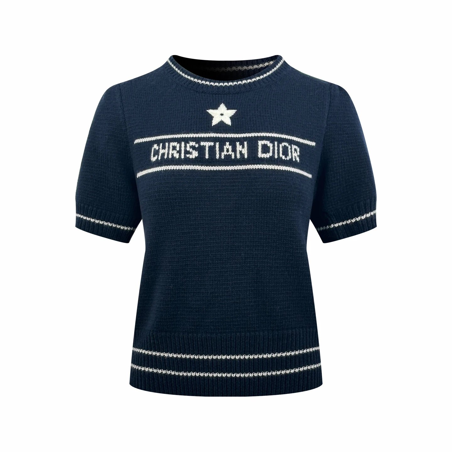 Dior Short Sleeve Knit Sweater with Cream Trim and Star Detail