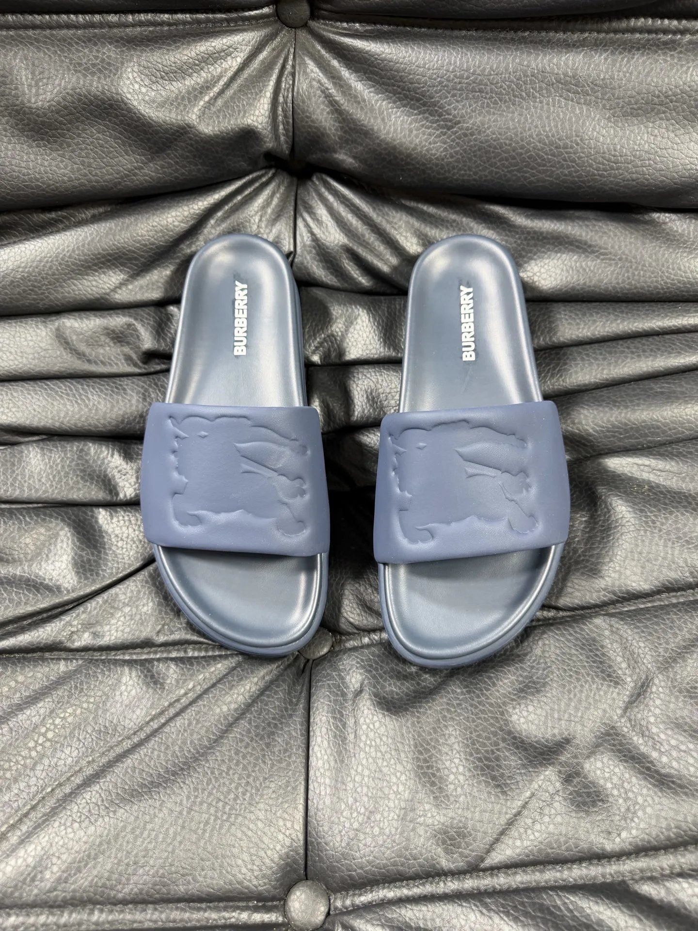 Burberry Equestrian Knight Collection Minimalist Grey-Blue Slide Sandals