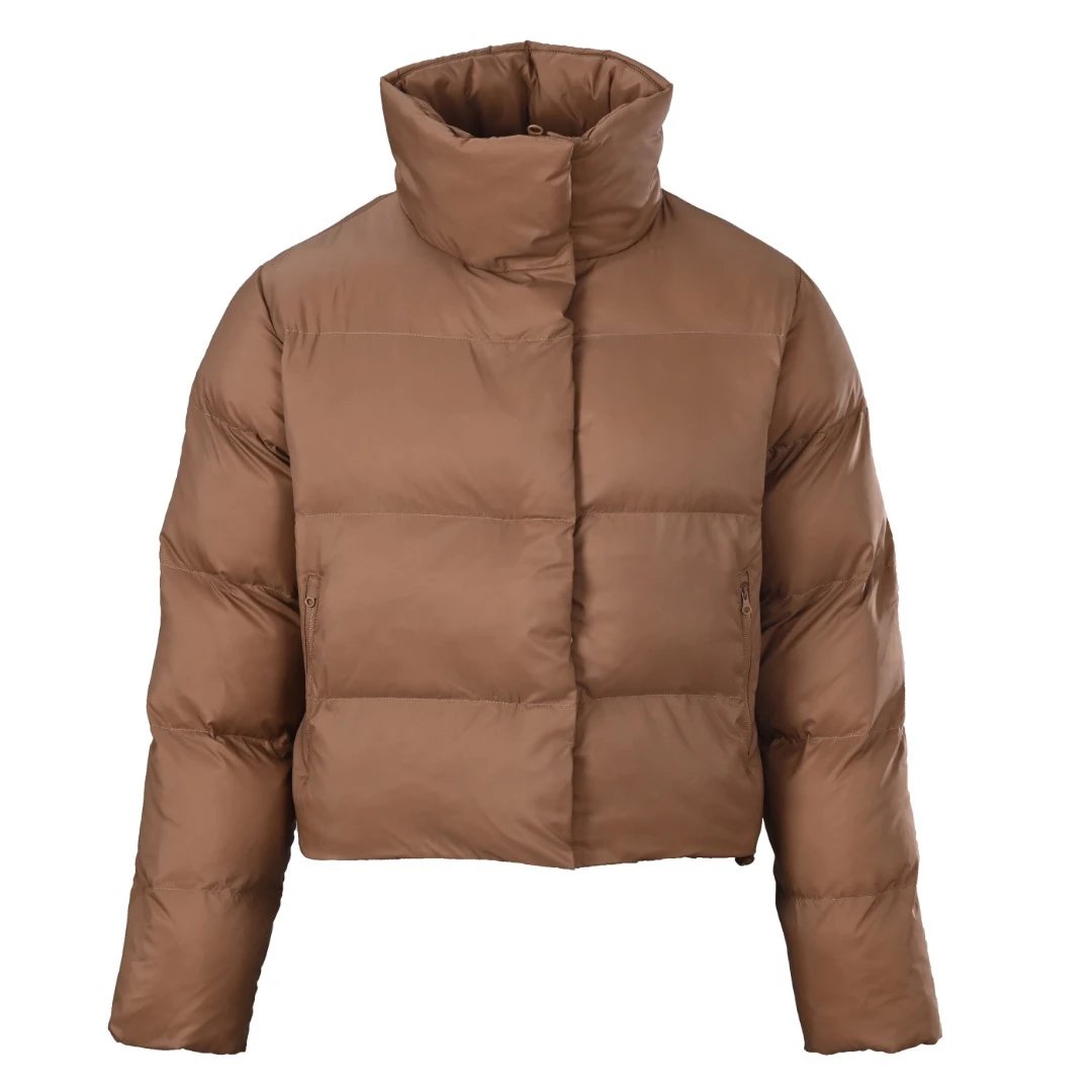 Wide Baffles And A Cropped Cold-Weather Fit Warm Brown Stand-Collar Puffer Jacket