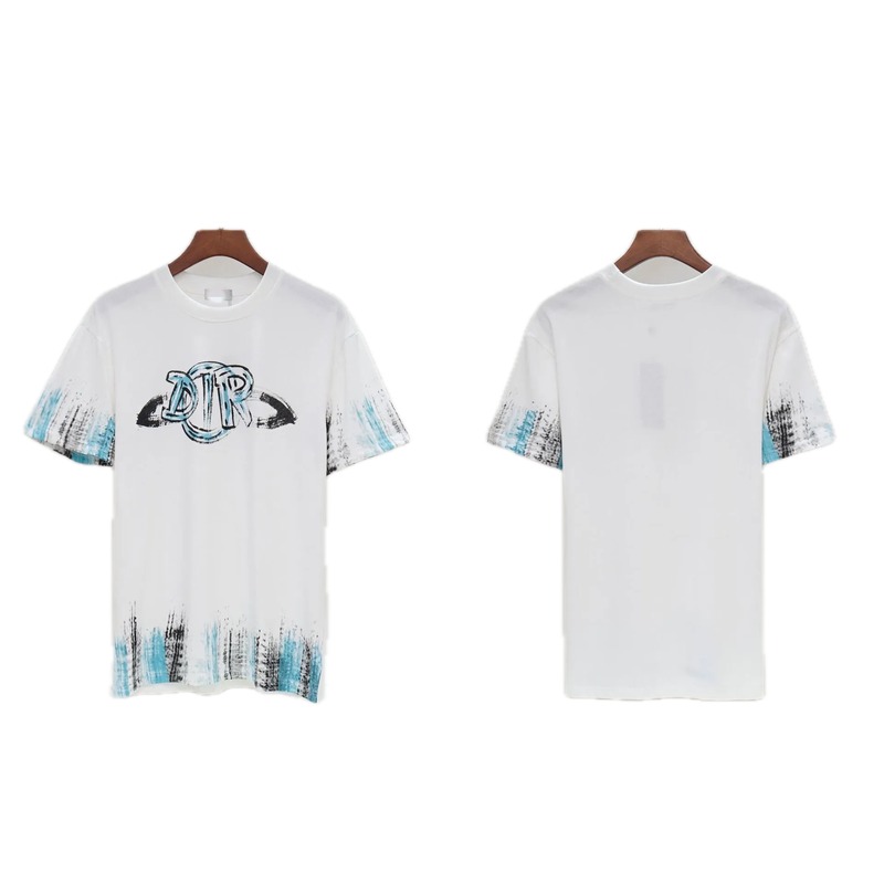Dior Graffiti Collection Street Style White and Blue Short-sleeve T-shirt