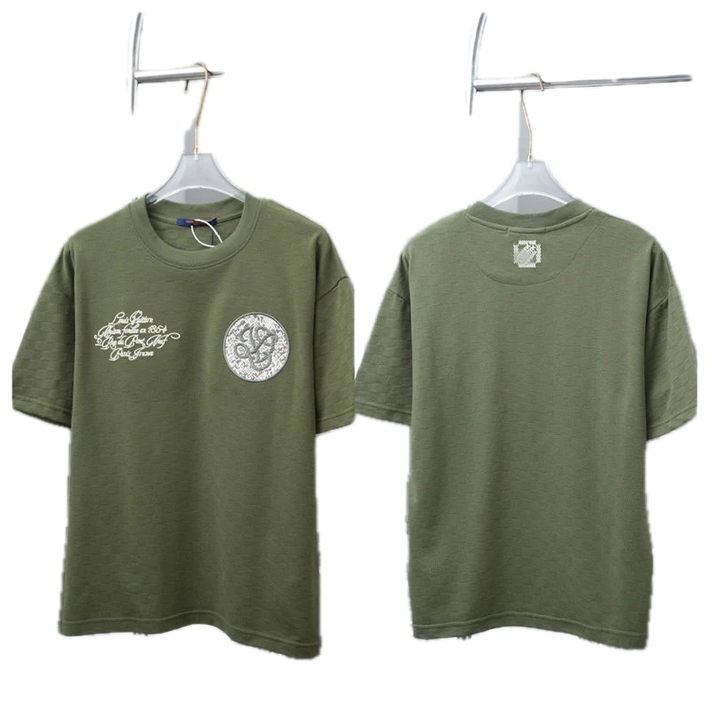 Louis Vuitton Embroidered Badge Casual Style Army Green T-Shirt