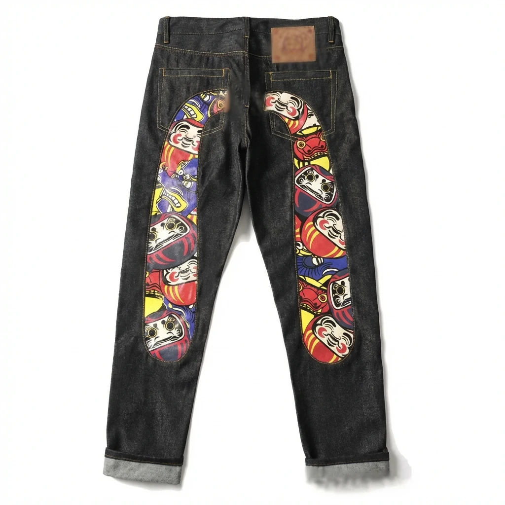 EVISU jeans with Daruma print, trendy and cool