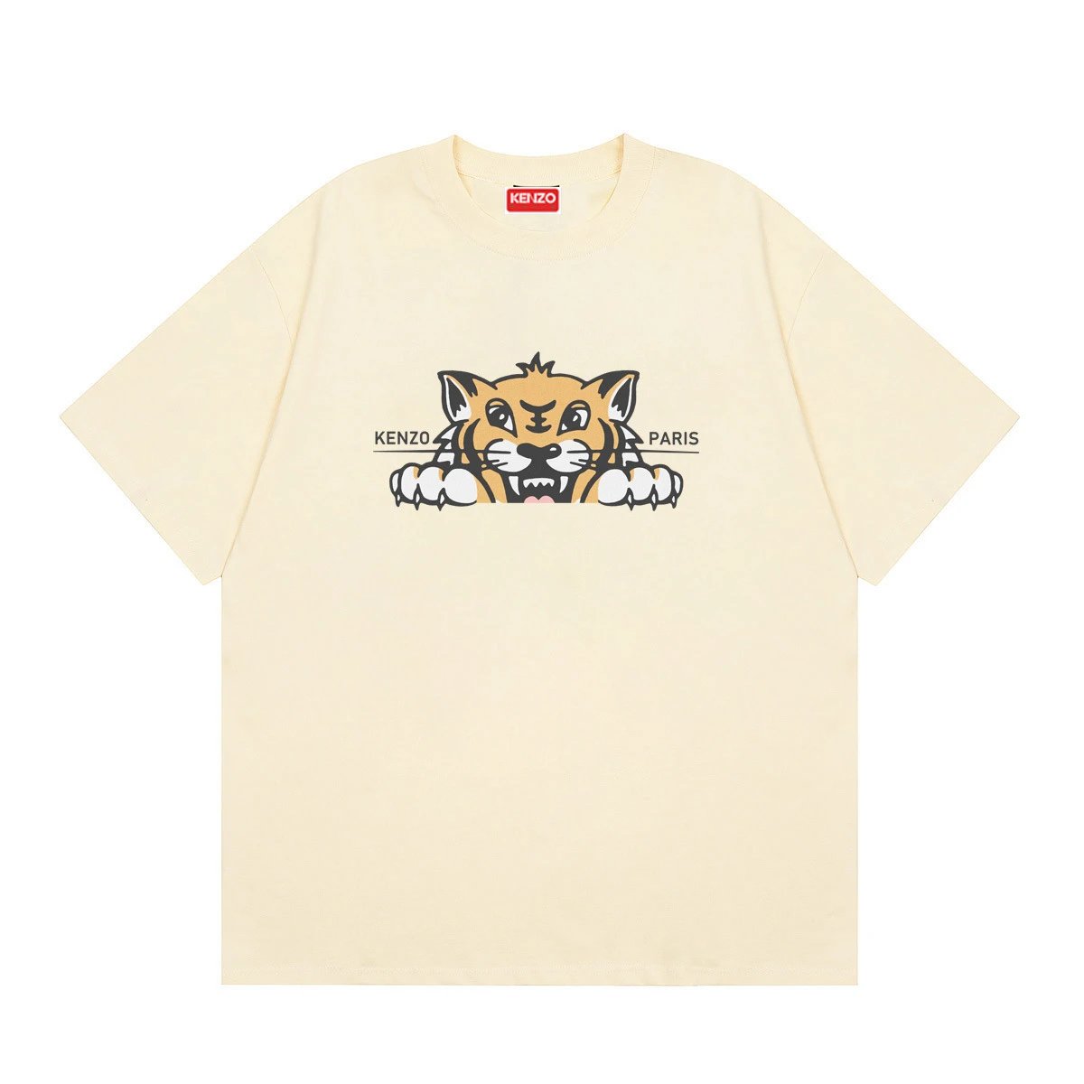 KENZO Tiger Head Print Streetwear Style Beige Short Sleeve T-Shirt