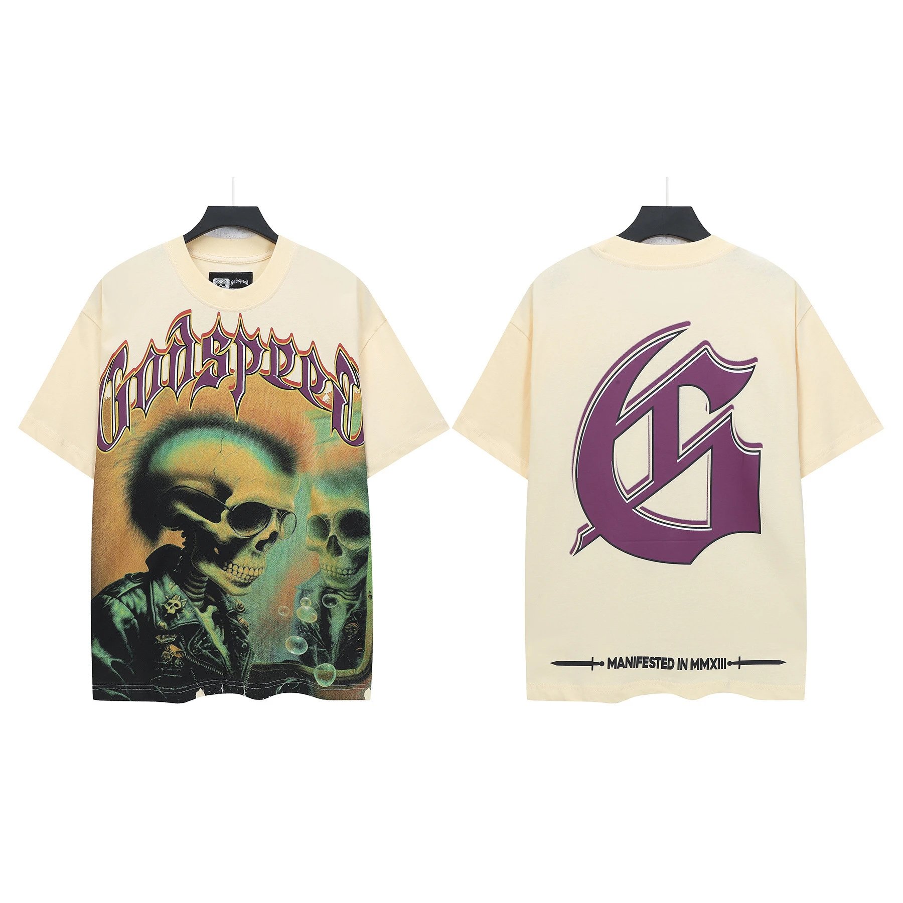 Godspeed Skull Print Gothic Style Beige Short Sleeve T-Shirt