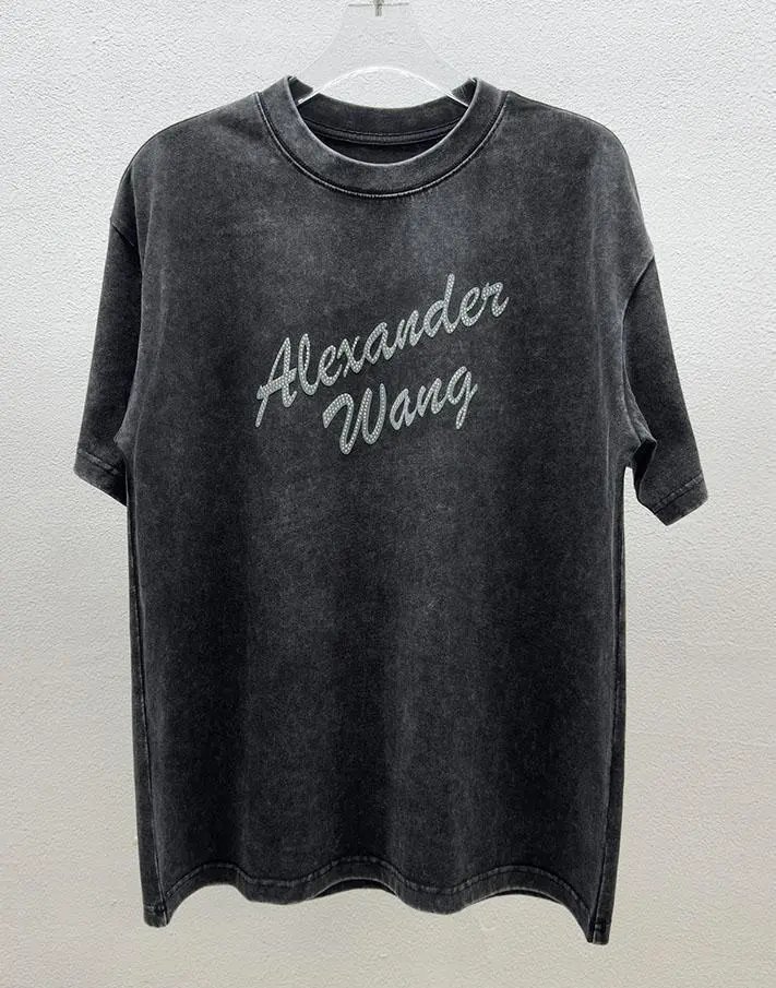 Alexander Wang Distressed Charcoal Gray Rhinestone-embellished Short Sleeve T-Shirt