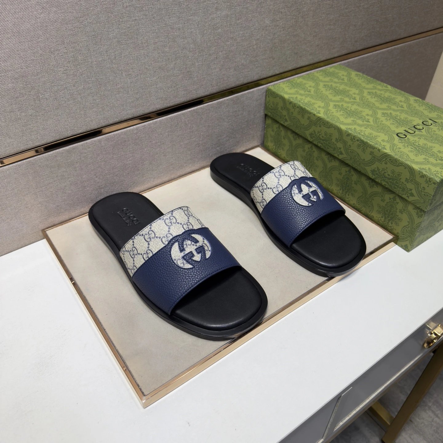 Gucci GG Monogram Casual Navy Blue Slides