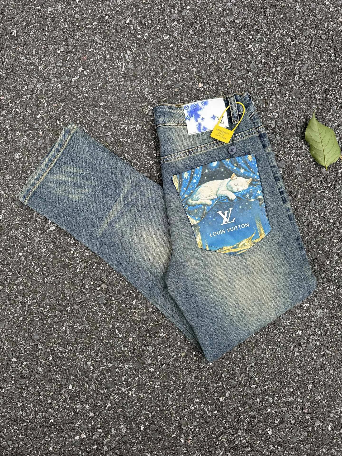 Louis Vuitton Graphic Pocket Jeans with colorful illustrated LV back panel in Washed Blue